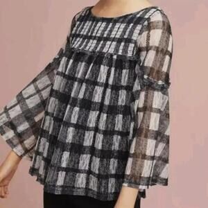 Akemi + Kin by Anthropologie Black Patrizia Sheer Lace Plaid Top - Size - Large